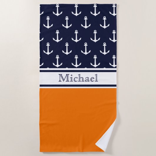Moderne Navy Blue Anchor Pattern Name Nautical Strandlaken (Voorkant)