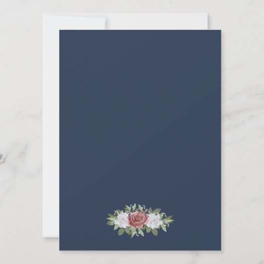 Moderne Navy Blue Blush Gouden Bloemen Huwelijk Kaart (Achterkant)
