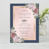 Moderne Navy Blue Blush Gouden Bloemen Huwelijk Kaart (Staand voorkant)