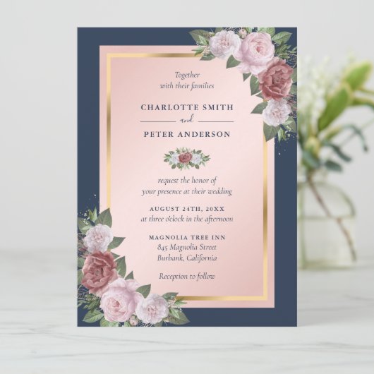 Moderne Navy Blue Blush Gouden Bloemen Huwelijk Kaart (Staand voorkant)