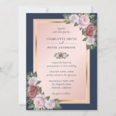 Moderne Navy Blue Blush Gouden Bloemen Huwelijk Kaart (Voorkant)