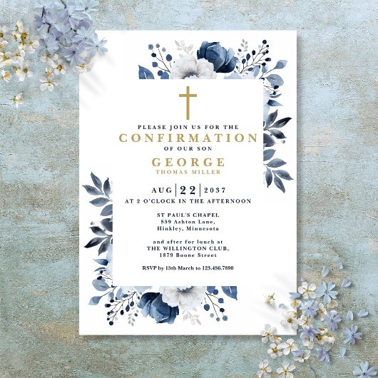 Moderne Navy Blue Botanische Bloem Confirmatie Kaart