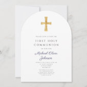 Moderne Navy Blue Cross Boy Eerste Communie boog Kaart (Voorkant)