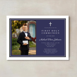 Moderne Navy Blue Cross Jongen Foto Eerste Communi Kaart