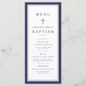 Moderne Navy Blue Cross Jongens Doop Menu (Voorkant)