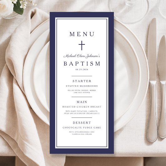 Moderne Navy Blue Cross Jongens Doop Menu