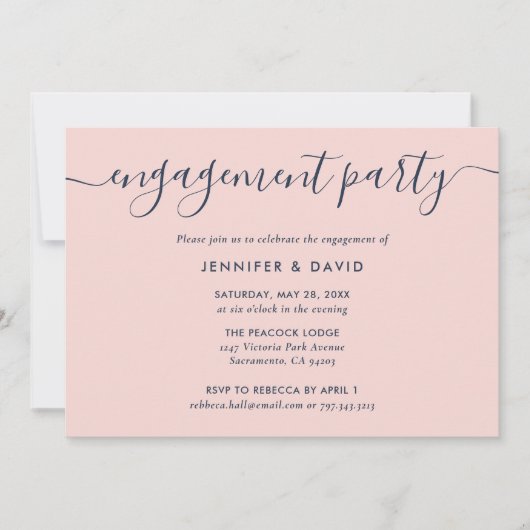 Moderne Navy Blue en Blush Engagement Party Kaart (Voorkant)