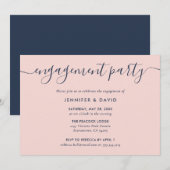 Moderne Navy Blue en Blush Engagement Party Kaart (Voorkant / Achterkant)