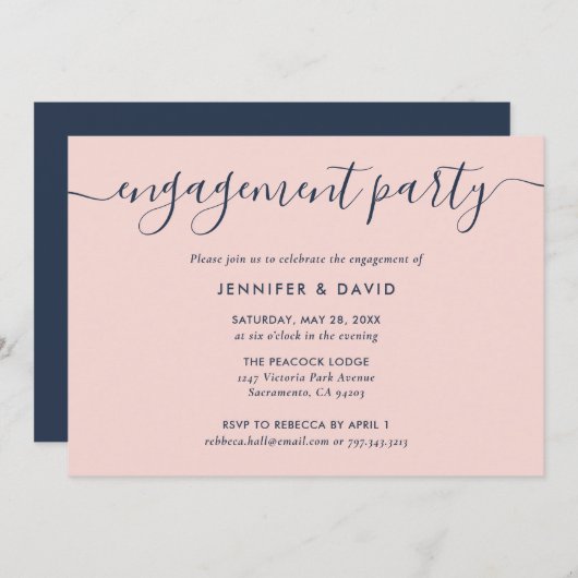 Moderne Navy Blue en Blush Engagement Party Kaart (Voorkant / Achterkant)