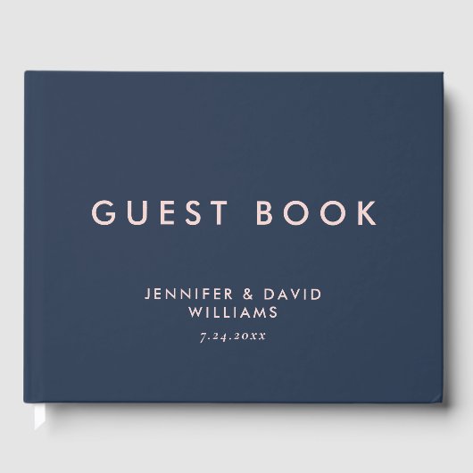 Moderne Navy Blue en Blush Monogram Huwelijk Gastenboek (Voorkant)