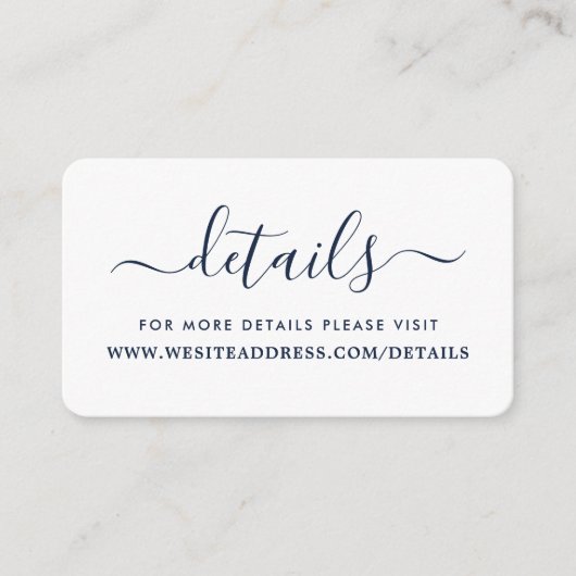 Moderne Navy Blue en White Simple Script-gegevens Informatiekaartje (Voorkant)