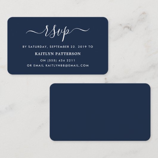 Moderne Navy Blue en White Simple Script RSVP Informatiekaartje (Voorkant / Achterkant)