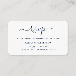 Moderne Navy Blue en White Simple Script RSVP Informatiekaartje
