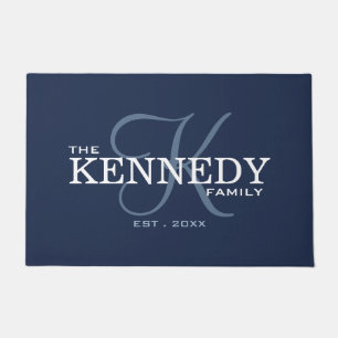Moderne Navy Blue Familie Achternaam Monogram Init Deurmat