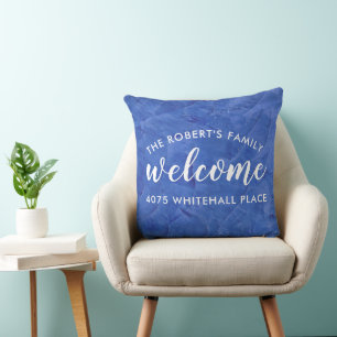 Moderne Navy Blue Familie Naam Welkom Kussen