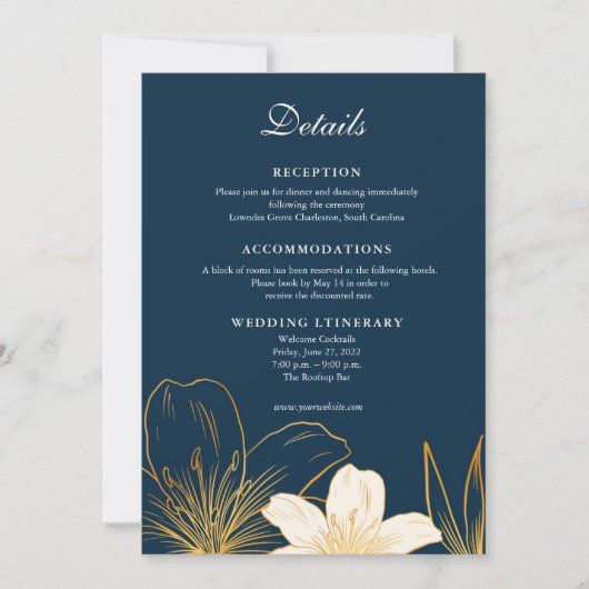 Moderne Navy Blue Flower Wedding Enclosure kaarten (Voorkant)