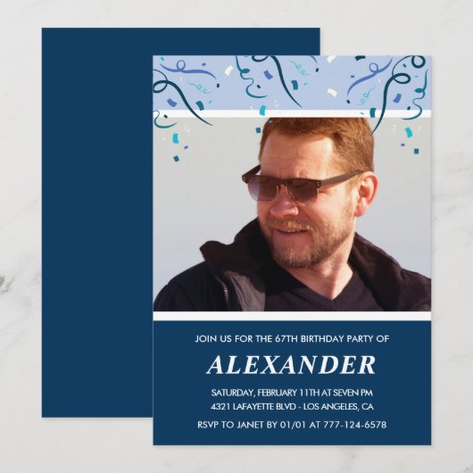 Moderne Navy Blue Foto Man 67e verjaardag Kaart (Voorkant / Achterkant)