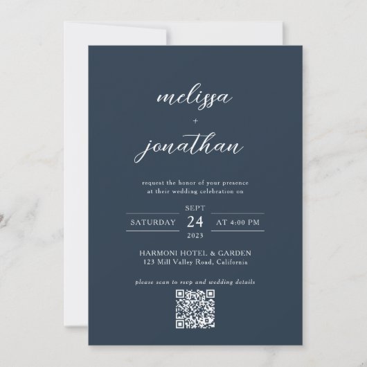 Moderne Navy Blue Foto Script QR Code Huwelijk Kaart (Voorkant)