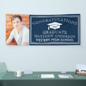 Moderne Navy Blue Gefeliciteerd Afstudeerfoto Spandoek (Beurs)