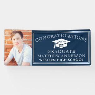 Moderne Navy Blue Gefeliciteerd Afstudeerfoto Spandoek