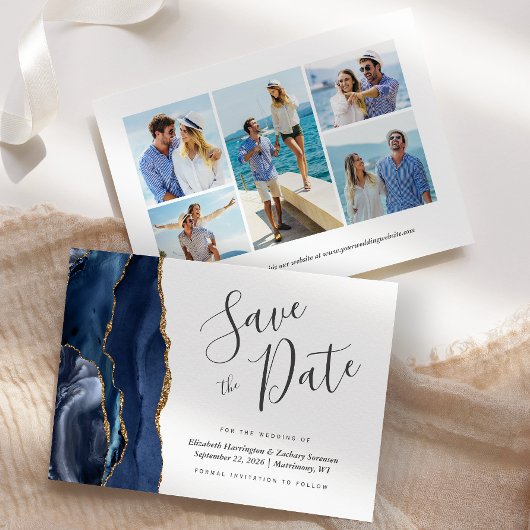 Moderne Navy Blue Goud Agaat 5-Foto Save the Date Kaart