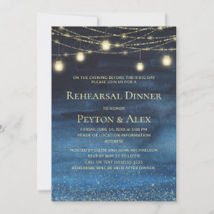 Moderne Navy Blue Gouden Slingerlichten Rehearsal Kaart