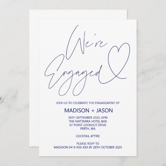 Moderne Navy Blue Heart Engagement Party nodigt ui Kaart (Voorkant / Achterkant)