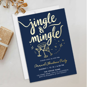 Moderne Navy Blue Jingle And Mingle Cocktail Scrip Folie Uitnodiging