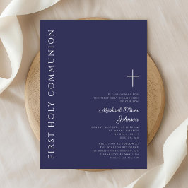 Moderne Navy Blue Kruis Eerste Communie Kaart