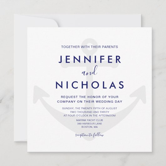 Moderne Navy Blue Nautical Anchor Trouwdag Kaart (Voorkant)