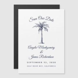 Moderne Navy Blue Palm Beach Trouw Save the Date Magnetische Uitnodiging
