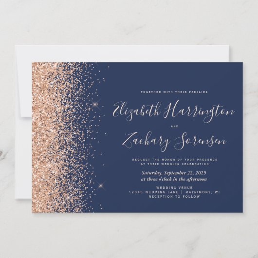 Moderne Navy Blue Peach Glitter bruiloft Kaart (Voorkant)