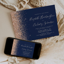 Moderne Navy Blue Peach Glitter bruiloft Kaart