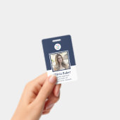Moderne Navy Blue Photo Barcode Business Logo Name Badge (Handheld)