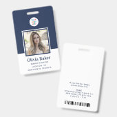 Moderne Navy Blue Photo Barcode Business Logo Name Badge (Voor- en achterkant)