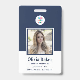Moderne Navy Blue Photo Barcode Business Logo Name Badge
