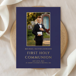 Moderne Navy Blue Photo Boy Eerste Communie Goud Folie Uitnodiging