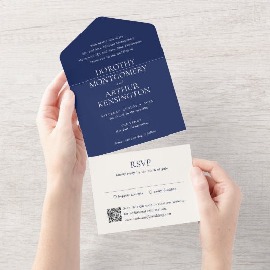 Moderne Navy Blue QR Code Elegante bruiloft All In One Uitnodiging (Afscheurbaar)
