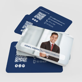 Moderne Navy Blue QR Code Foto Netwerken Visitekaartje