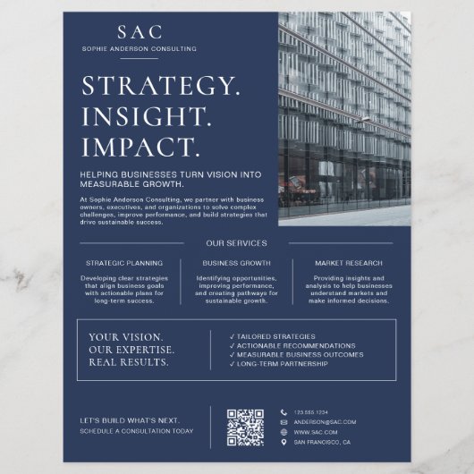 Moderne Navy Blue QR Code Professionele Consultant Flyer (Voorkant)