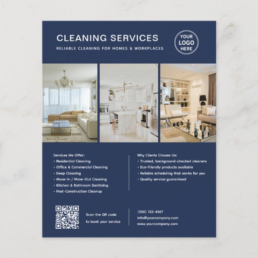 Moderne Navy Blue Schoonmaakdiensten QR Zakelijk Flyer (Voorkant)