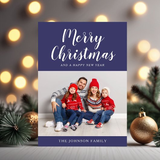 Moderne Navy Blue Script Kerst Foto Feestdagenkaart