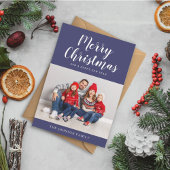 Moderne Navy Blue Script Kerst Foto Feestdagenkaart