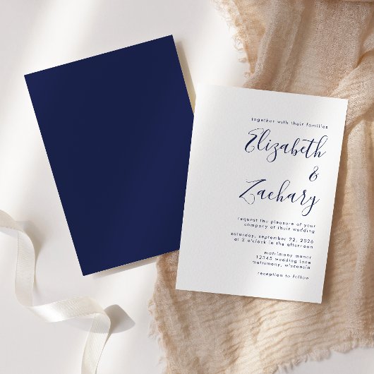 Moderne Navy Blue Script Trouw Kaart