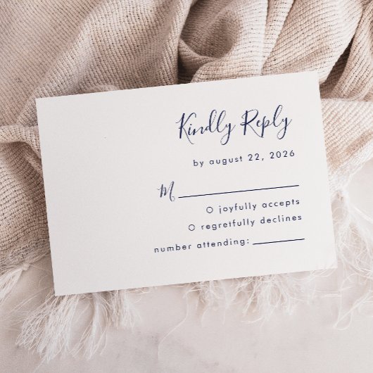 Moderne Navy Blue Script Trouw RSVP Kaartje