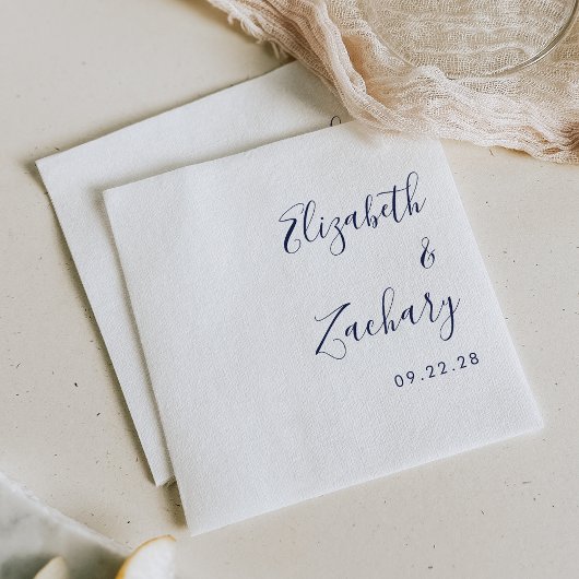 Moderne Navy Blue Script Trouw Servet