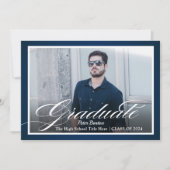 Moderne Navy Blue Silver Script Photo Afstudeerder Kaart (Voorkant)