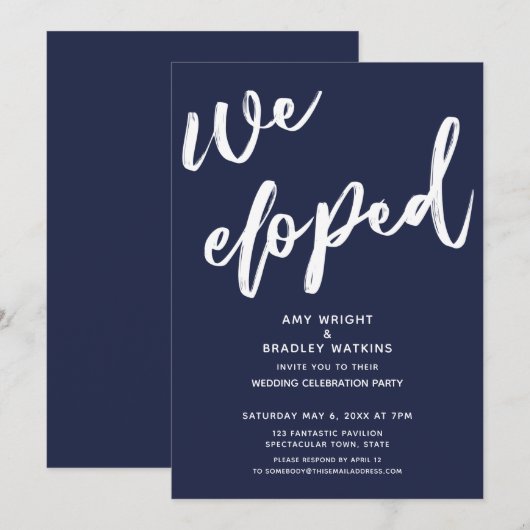 Moderne Navy Blue Trouwreceptie na een Elopement Kaart (Voorkant / Achterkant)