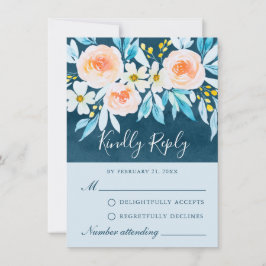 Moderne Navy Blue Waterverf Floral RSVP-kaart Advieskaart
