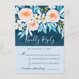 Moderne Navy Blue Waterverf Floral RSVP-kaart Advieskaart